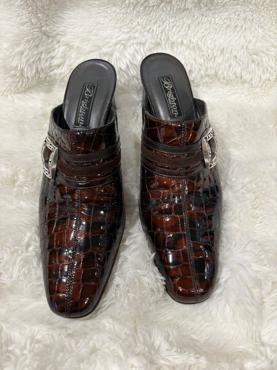 Brighton Shoes - Brighton  Dark Brown Croc-Embossed Slip-On Mules with Silver Buckle